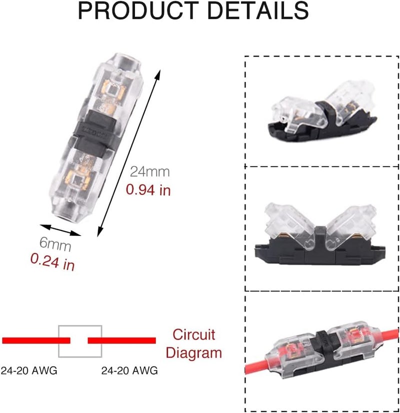 Brightfour Wire Connectors, 24 Pack Low Voltage Wire Connectors, 2 Way 1 Pin Solderless No Wire-Stripping Small Wire Connector, Fit 24-20 AWG Wires - Image 4